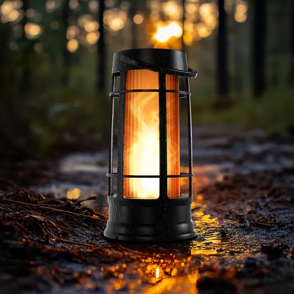 Glowing lantern resting on wet forest ground at night